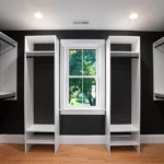 white walk in closet with black accents