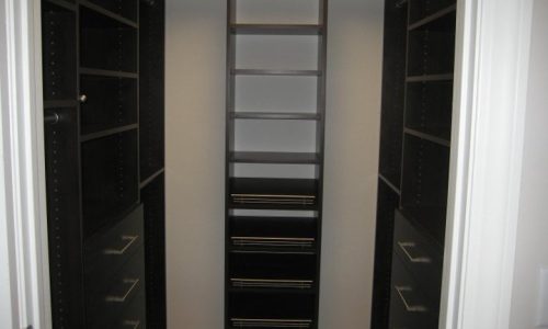 Modern Black Closet Featuring Drawers, Shelves, Shoe Shelves, and Hanging Rods